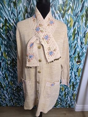 NWT Storybook Knits Cream Cardigan with Embroidered Scarf